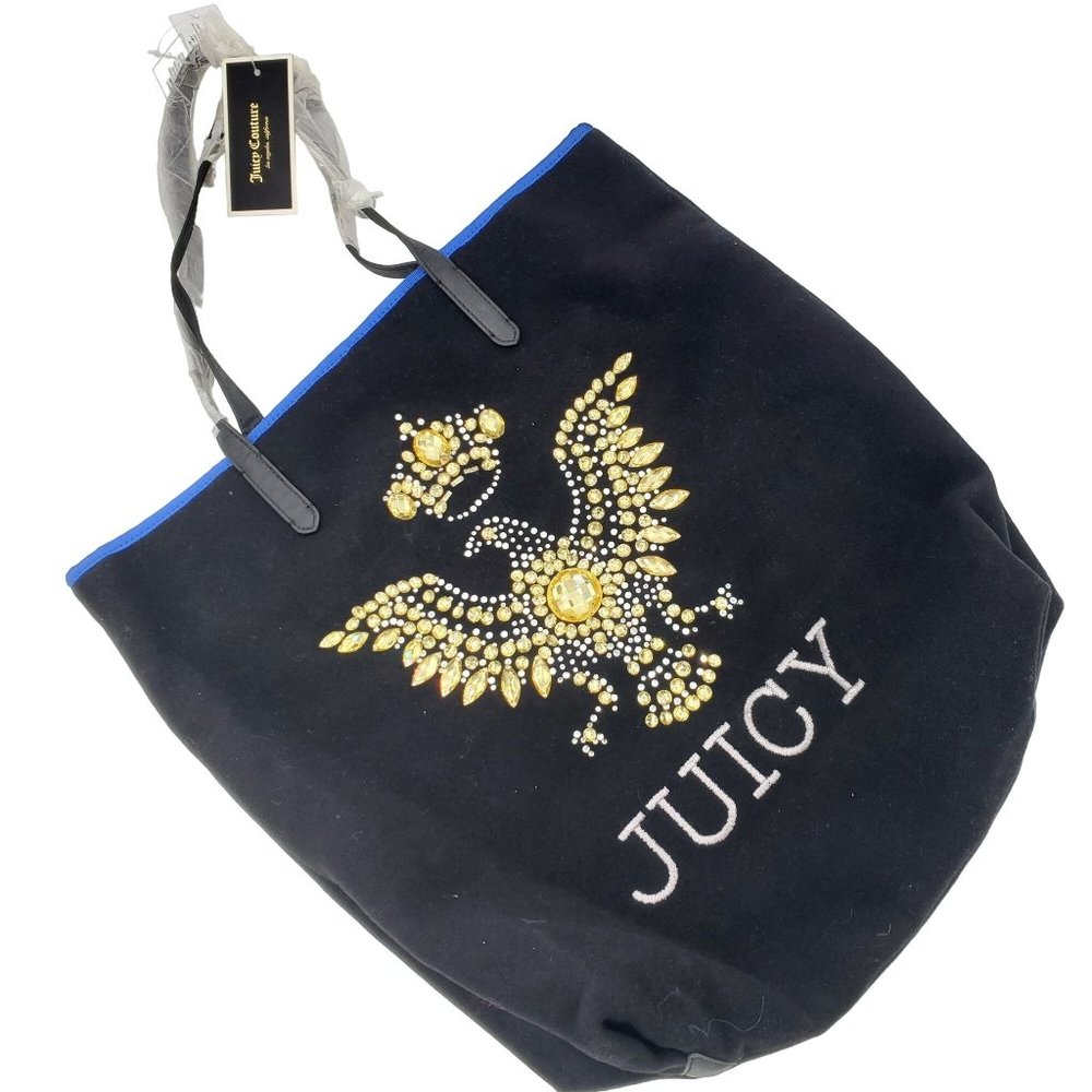 NEW Juicy Couture Eagle Wool Black Blue Gold Women's Bag Purse Handbag Tote NWT - Picture 1 of 16